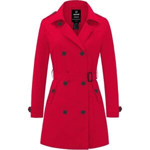 Women's Red Waterproof Trench Coat with Classic Lapel and Belted Design